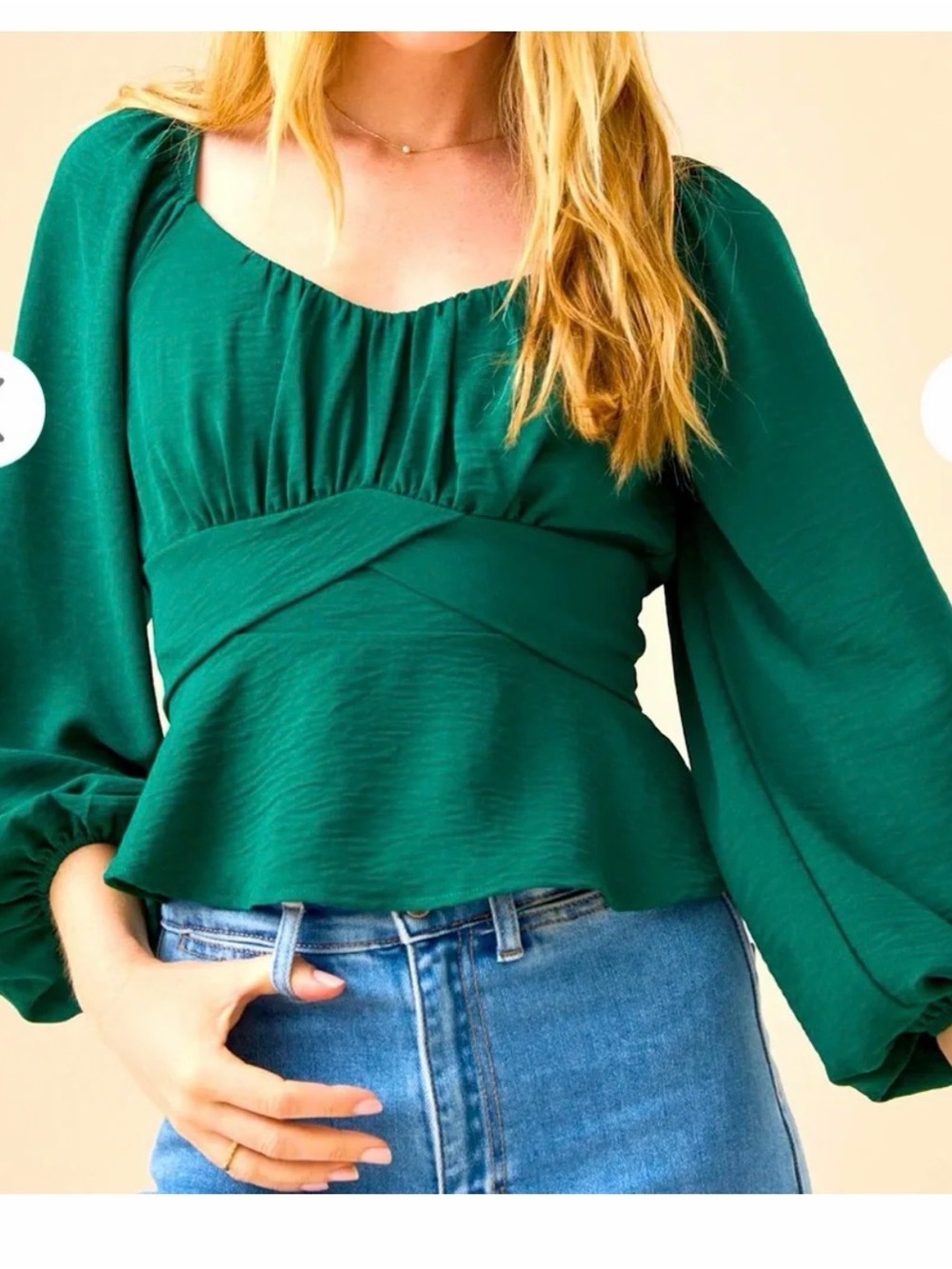 Altar'd State Emerald Green Peplum Blouse with Bishop Sleeves